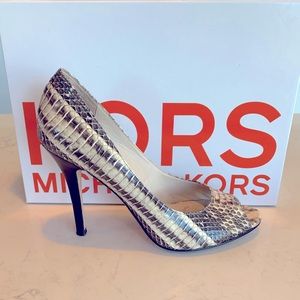 Michael Kors Sadie Peep-Toe Genuine Snake Pumps.